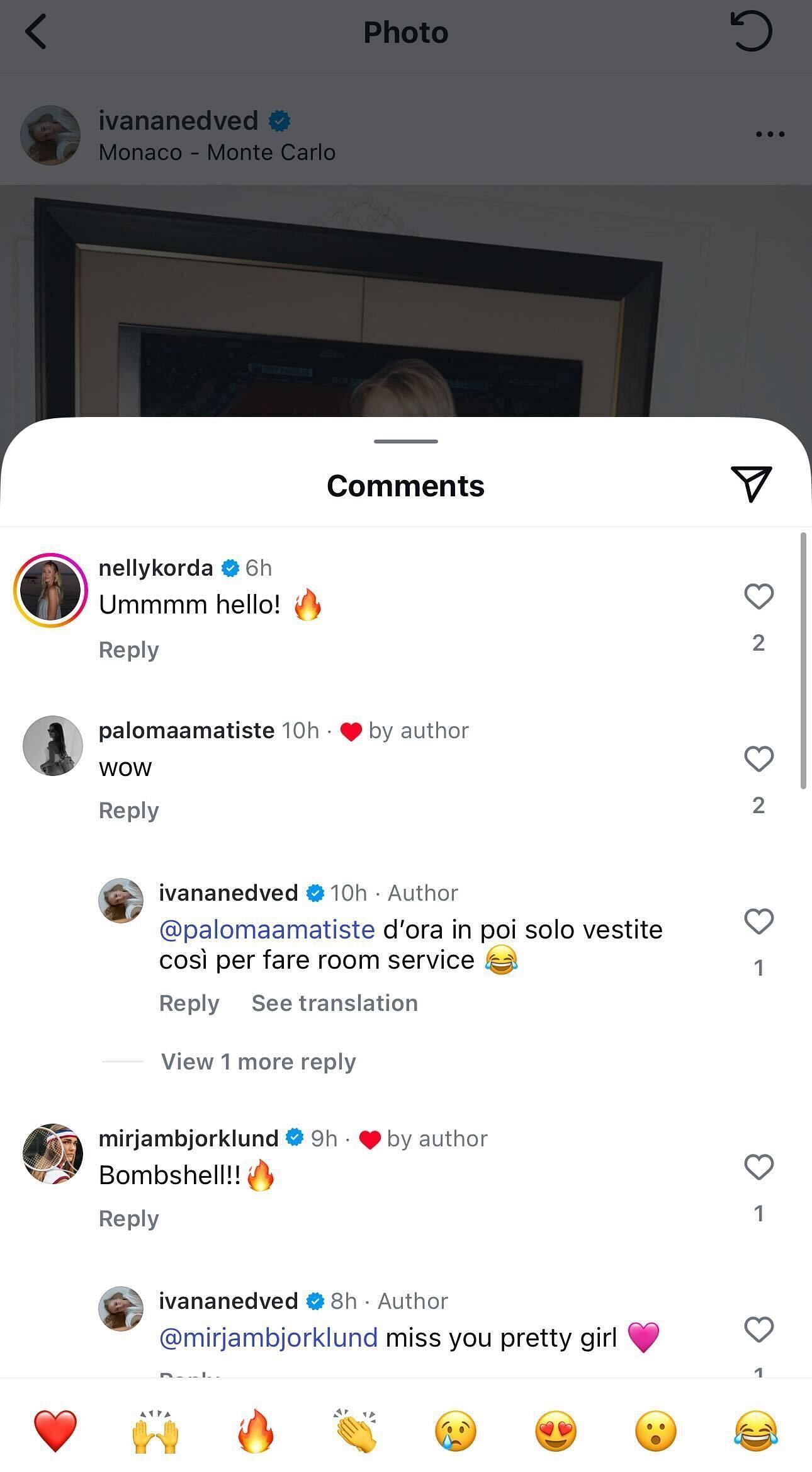 Nelly Korda's comment on Ivana Nedved's Instagram post dated Monday, June 23, 2025 (Source: Instagram/ivananedved)